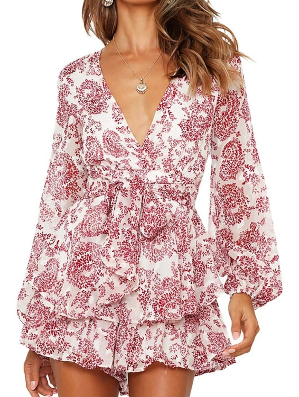 Floral Red and White Romper Dress | Size S